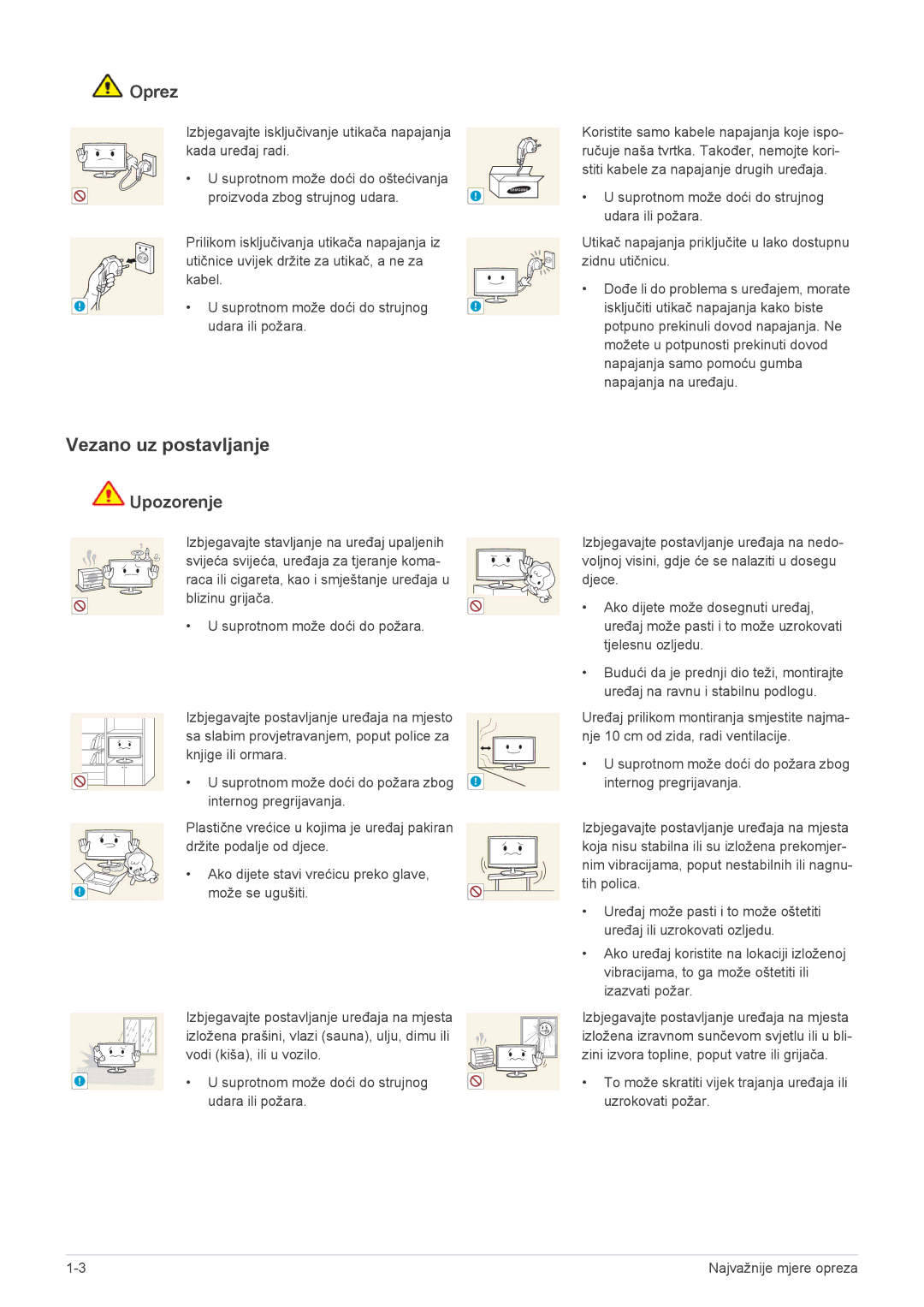 Samsung LS23WHUKFV/EN, LS23WHEKFV/EN manual Vezano uz postavljanje, Suprotnom može doći do strujnog Udara ili požara 