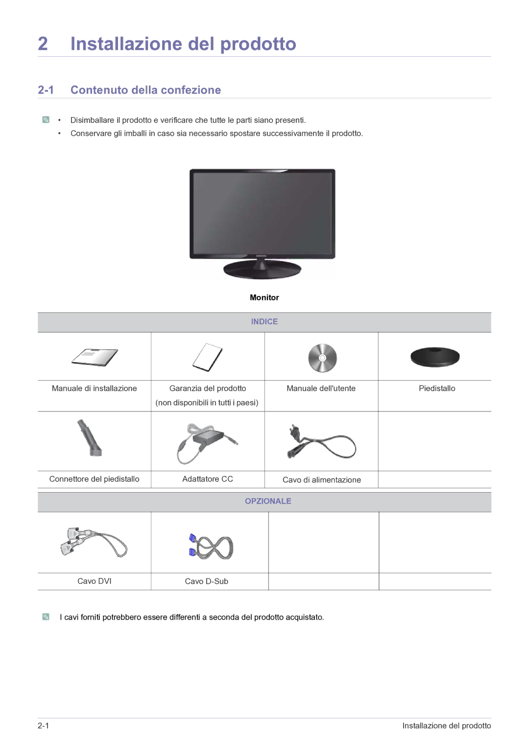 Samsung LS24A300BZ/EN manual Contenuto della confezione, Indice, Opzionale 