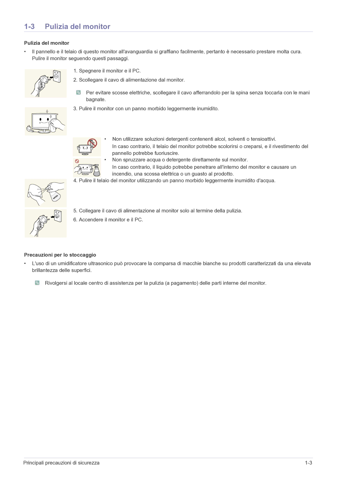 Samsung LS24A300BZ/EN manual Pulizia del monitor, Precauzioni per lo stoccaggio 