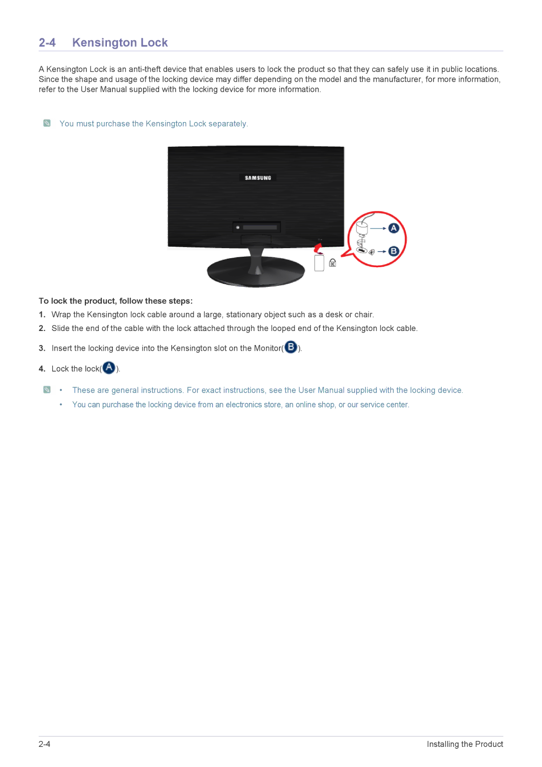 Samsung LS24A300BZ/EN manual Kensington Lock, To lock the product, follow these steps 