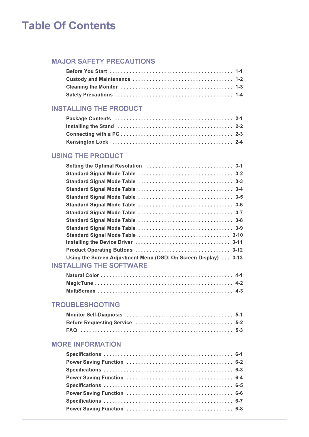 Samsung LS24A300BZ/EN manual Table Of Contents 