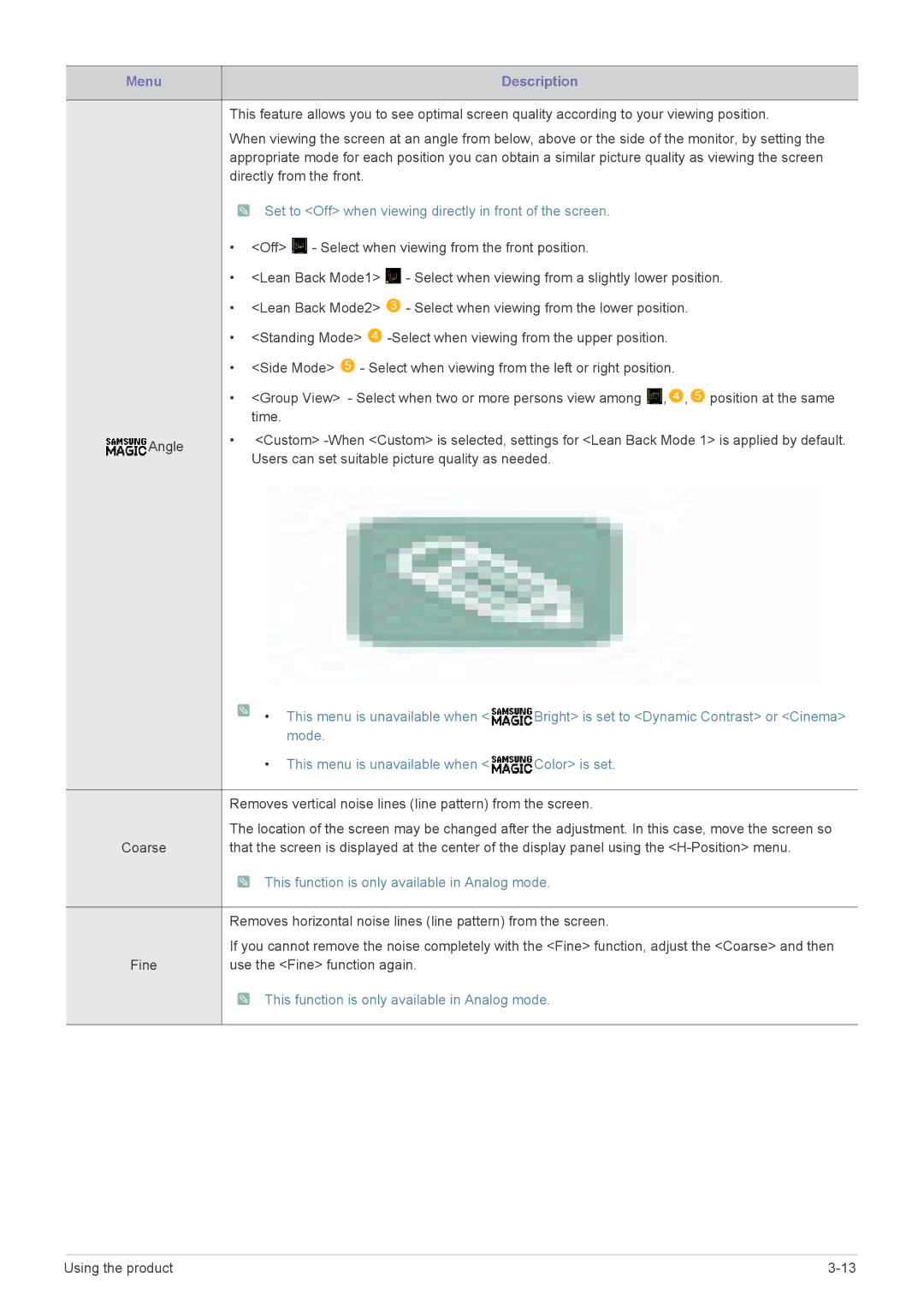 Samsung LS24A300BZ/EN manual Set to Off when viewing directly in front of the screen 