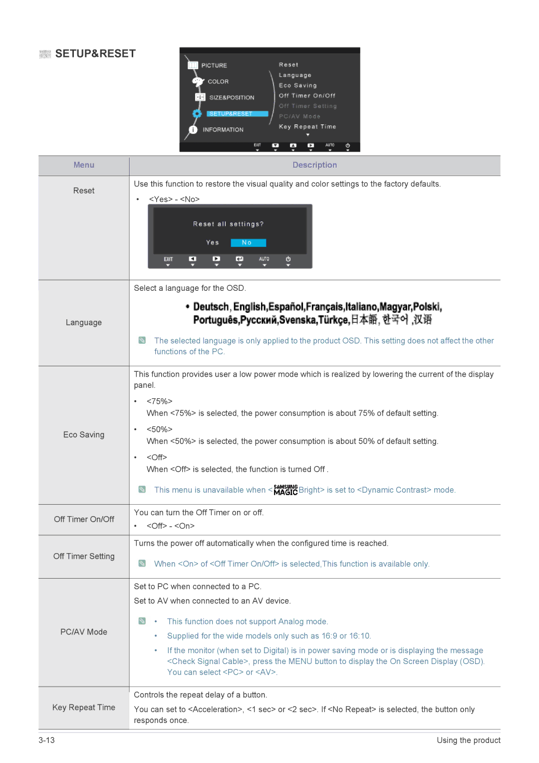 Samsung LS24A300BZ/EN manual Setup&Reset 