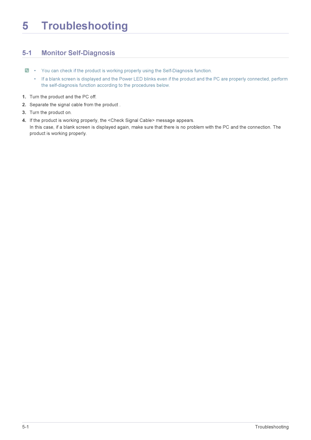 Samsung LS24A300BZ/EN manual Troubleshooting, Monitor Self-Diagnosis 