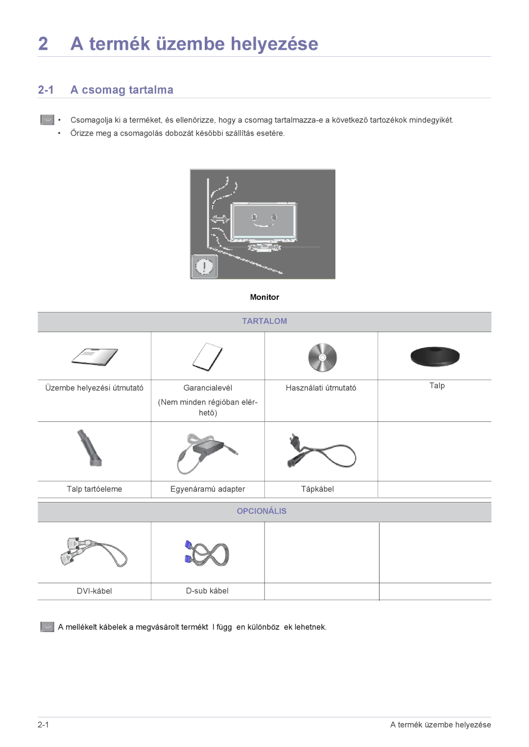 Samsung LS24A300BZ/EN manual Csomag tartalma, Tartalom, Opcionális 