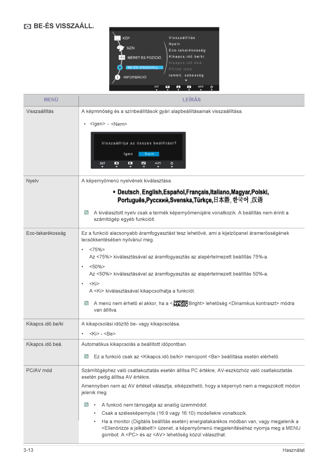 Samsung LS24A300BZ/EN manual BE-ÉS Visszaáll 