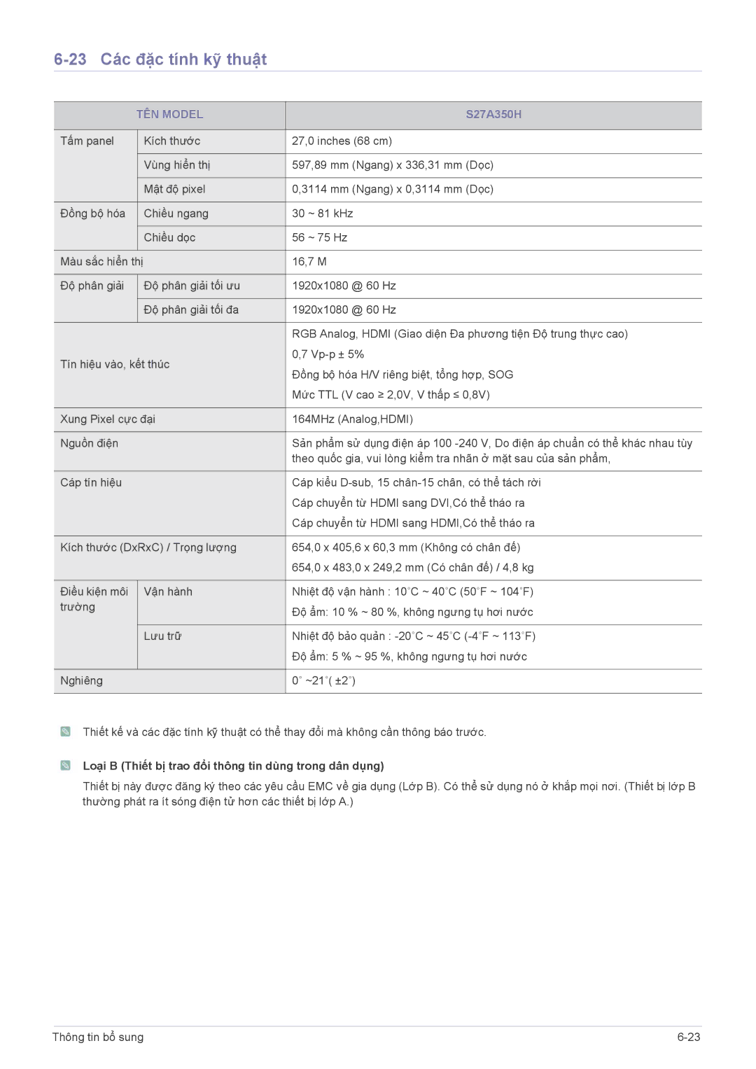 Samsung LS22A350BSMXV, LS24A350HS/EN, LS20A350BSMXV, LS19A350NSMXV, LS23A350BSMXV manual 23 Các đặc tính kỹ thuật, S27A350H 