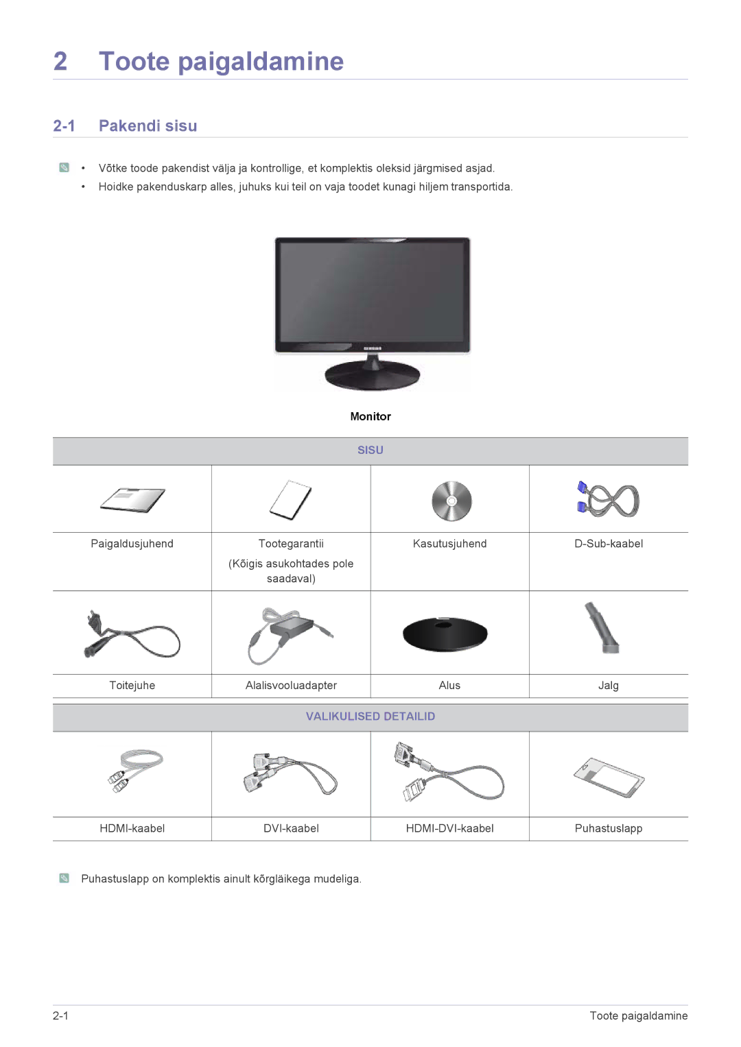 Samsung LS22A350HS/EN, LS24A350HS/EN, LS23A350HS/EN manual Pakendi sisu, Sisu, Valikulised Detailid 