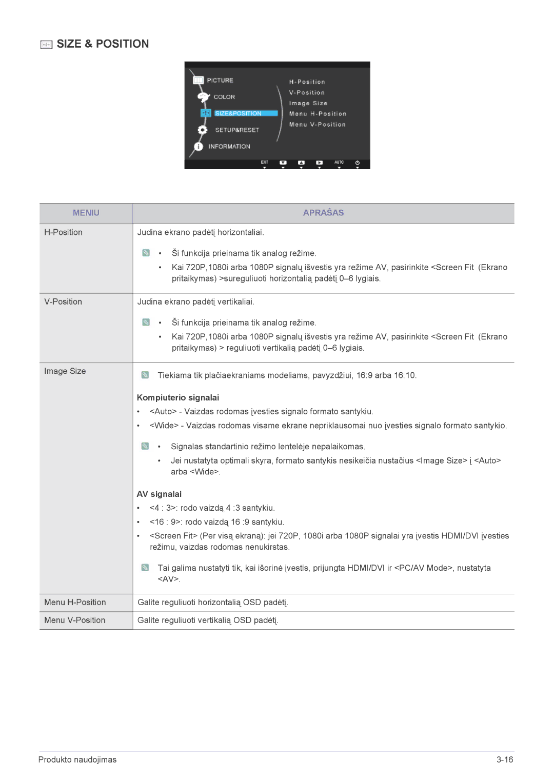 Samsung LS23A350HS/EN, LS24A350HS/EN manual Position Judina ekrano padėtį horizontaliai, Kompiuterio signalai, AV signalai 