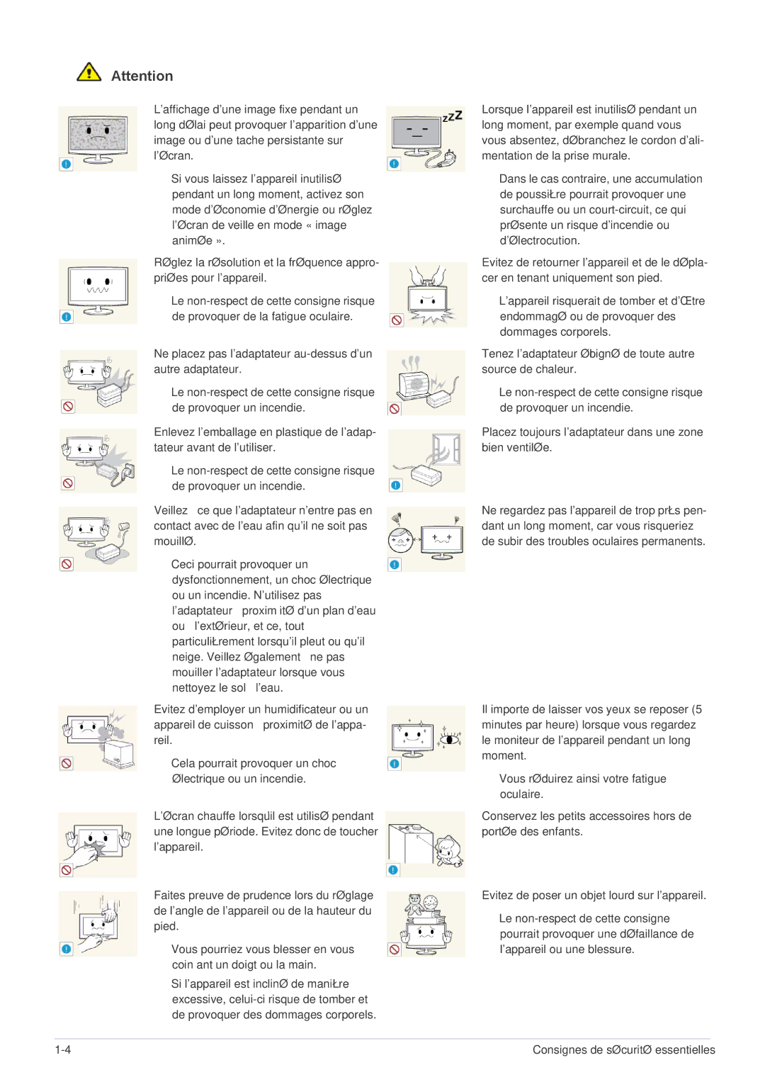 Samsung LS24A350HS/EN, LS27A350HS/EN, LS23A350HS/EN, LS22A350HS/EN manual Consignes de sécurité essentielles 