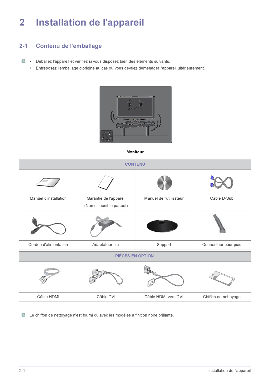 Samsung LS23A350HS/EN, LS24A350HS/EN, LS27A350HS/EN, LS22A350HS/EN manual Contenu de lemballage, Pièces EN Option 