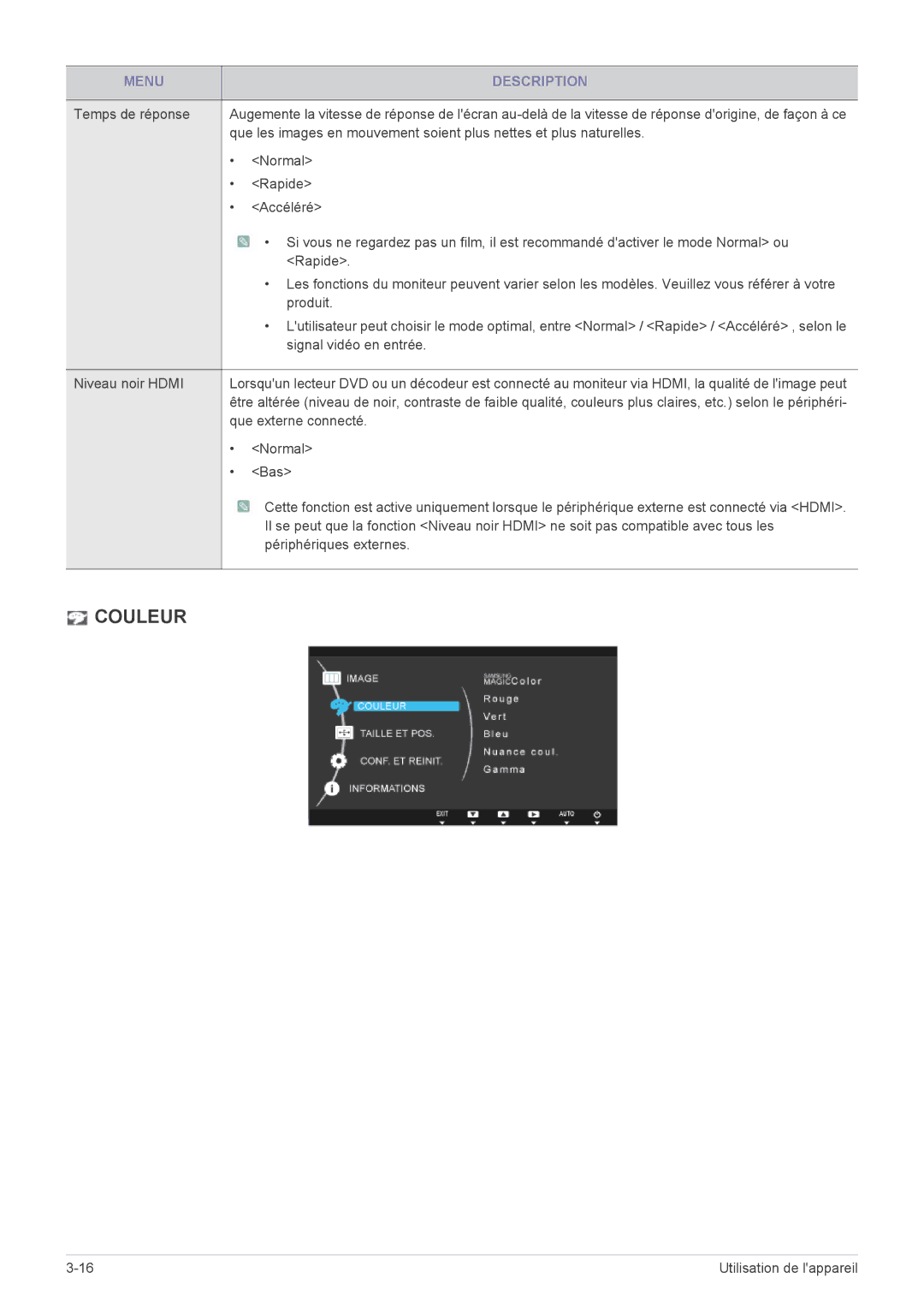 Samsung LS24A350HS/EN, LS27A350HS/EN, LS23A350HS/EN, LS22A350HS/EN manual Couleur 