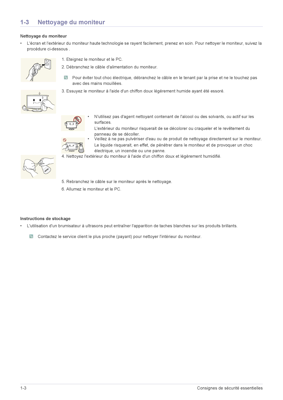 Samsung LS23A350HS/EN, LS24A350HS/EN, LS27A350HS/EN, LS22A350HS/EN manual Nettoyage du moniteur, Instructions de stockage 