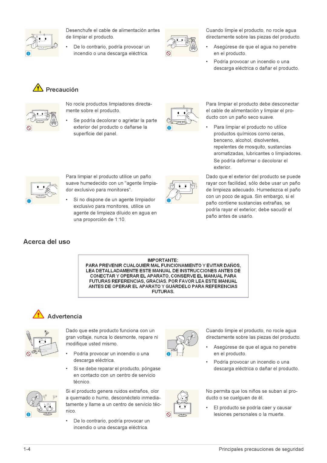 Samsung LS23A350HS/EN, LS24A350HS/EN, LS27A350HS/EN manual Acerca del uso, Asegúrese de que el agua no penetre en el producto 