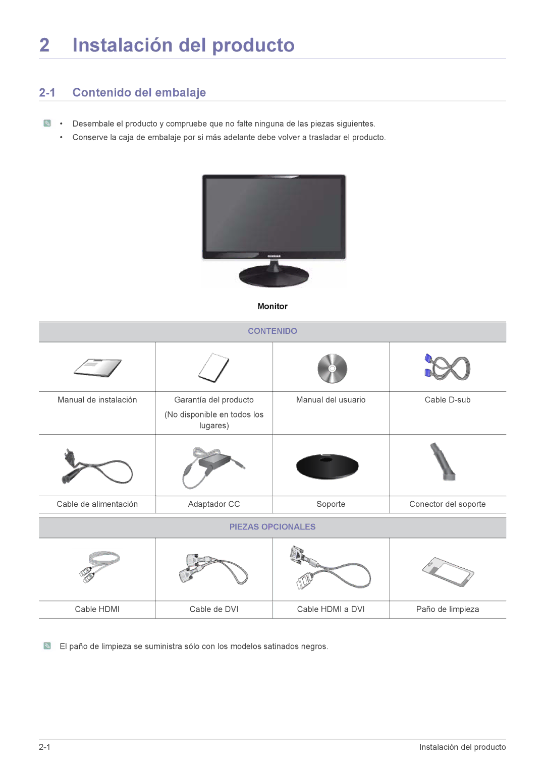 Samsung LS23A350HS/EN, LS24A350HS/EN, LS27A350HS/EN, LS22A350HS/EN manual Contenido del embalaje, Piezas Opcionales 