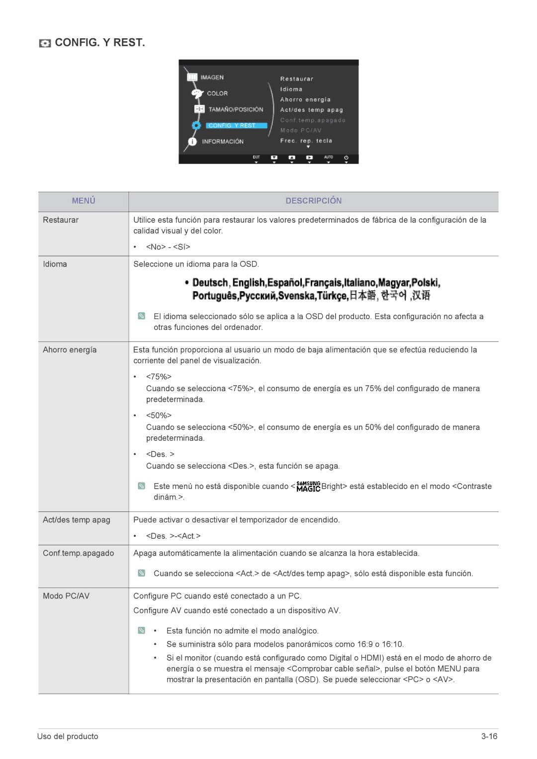 Samsung LS22A350HS/EN, LS24A350HS/EN, LS27A350HS/EN, LS23A350HS/EN manual CONFIG. Y Rest 