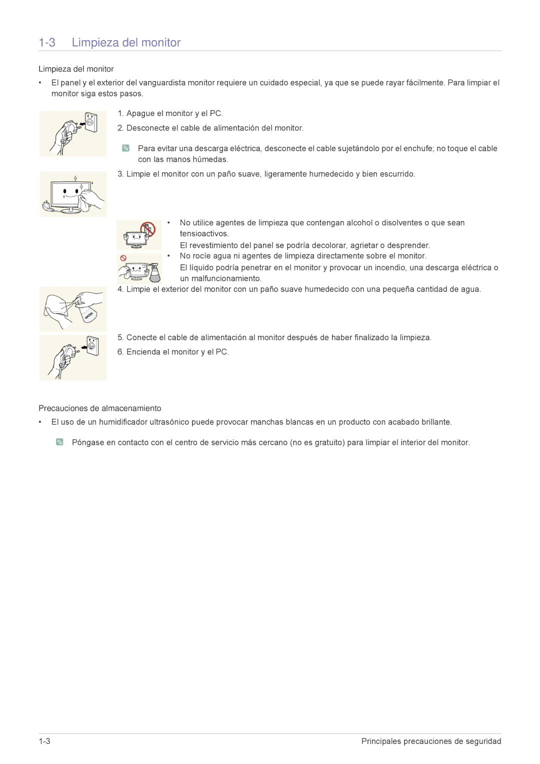 Samsung LS23A350HS/EN, LS24A350HS/EN, LS27A350HS/EN, LS22A350HS/EN manual Limpieza del monitor, Precauciones de almacenamiento 