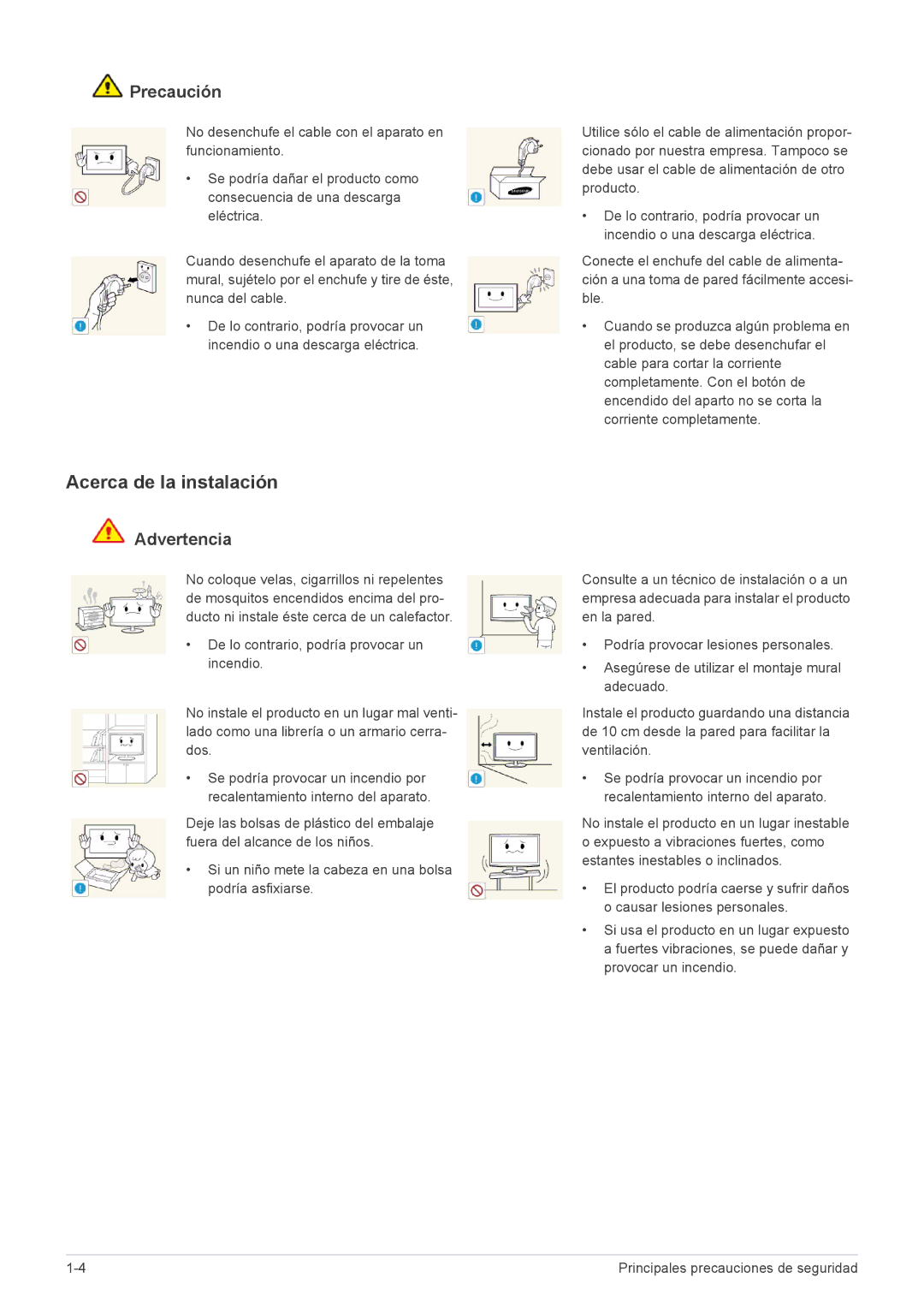 Samsung LS24A350HS/EN, LS27A350HS/EN, LS23A350HS/EN, LS22A350HS/EN manual Acerca de la instalación, Precaución 