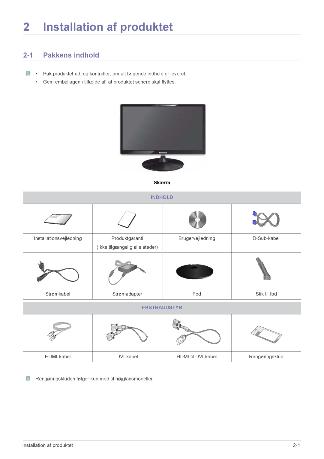 Samsung LS27A350HS/EN, LS24A350HS/EN, LS23A350HS/EN, LS22A350HS/EN manual Pakkens indhold, Indhold, Ekstraudstyr 