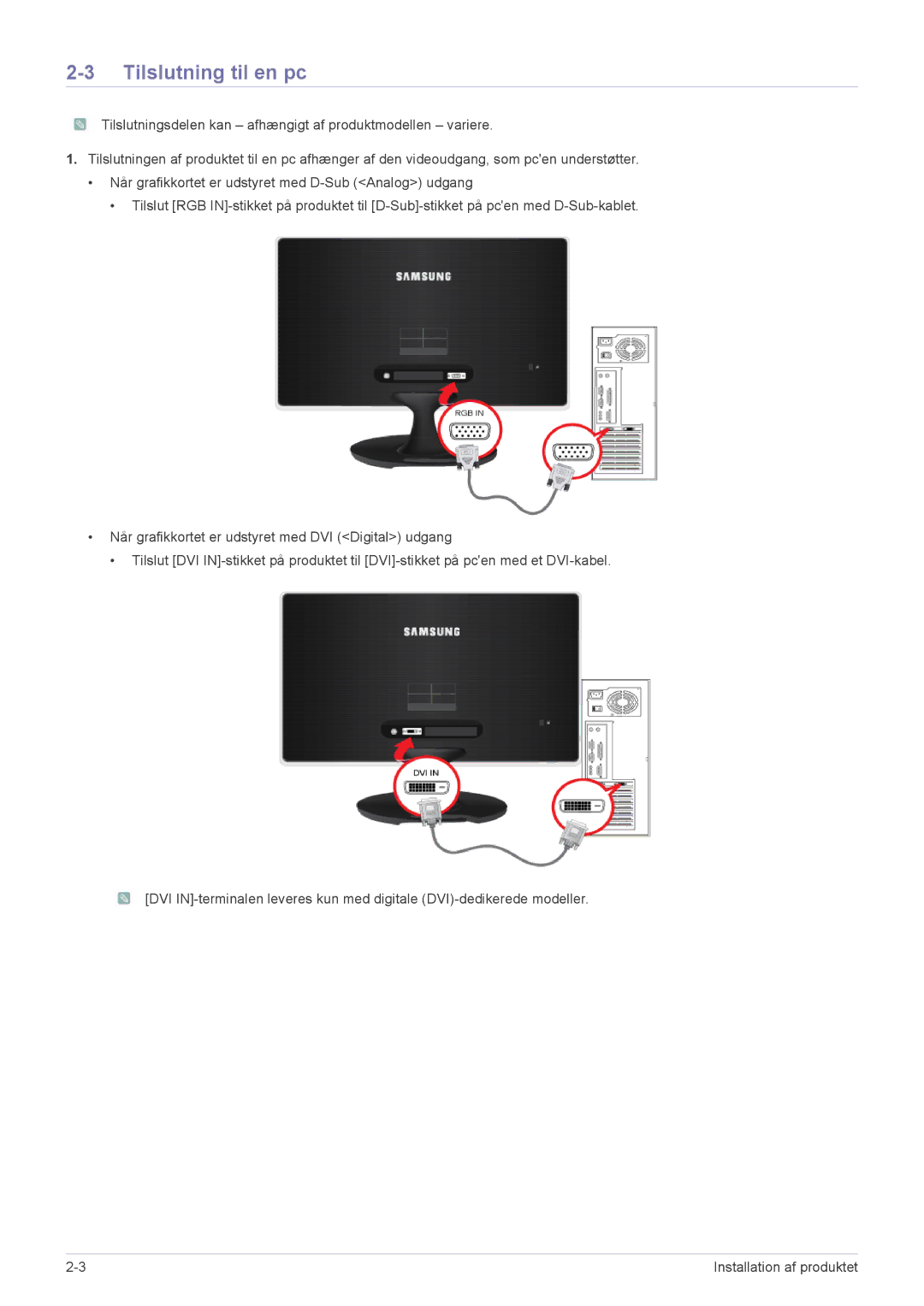 Samsung LS24A350HS/EN, LS27A350HS/EN, LS23A350HS/EN, LS22A350HS/EN manual Tilslutning til en pc 