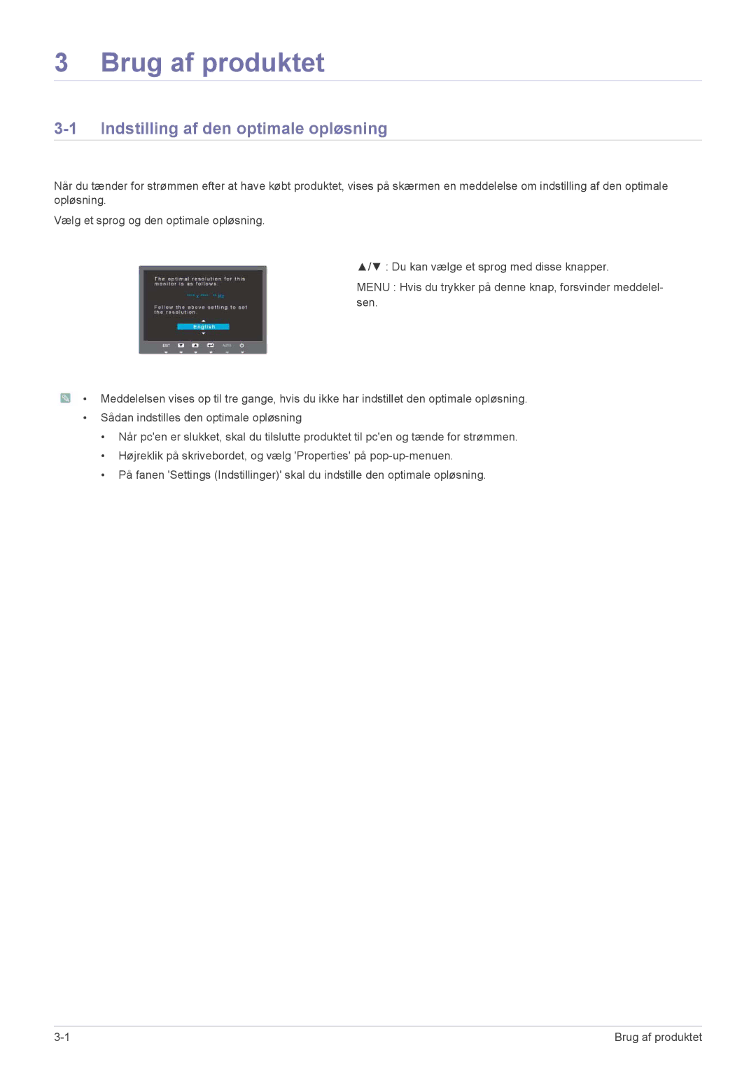 Samsung LS24A350HS/EN, LS27A350HS/EN, LS23A350HS/EN, LS22A350HS/EN Brug af produktet, Indstilling af den optimale opløsning 