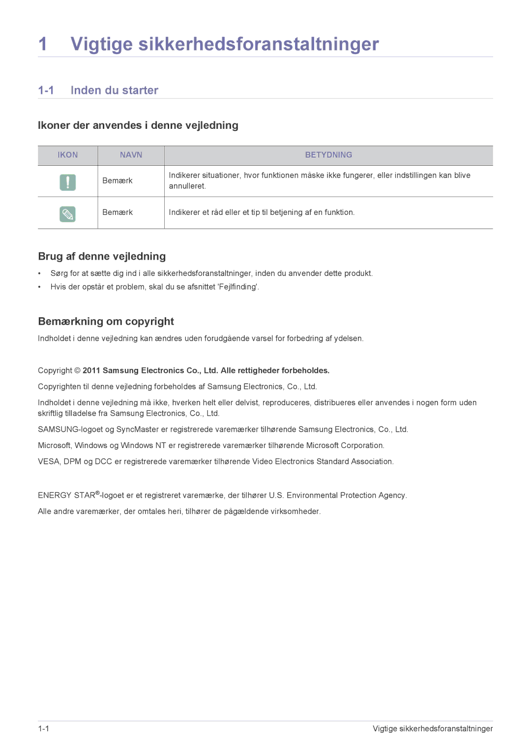 Samsung LS24A350HS/EN, LS27A350HS/EN Inden du starter, Ikoner der anvendes i denne vejledning, Brug af denne vejledning 