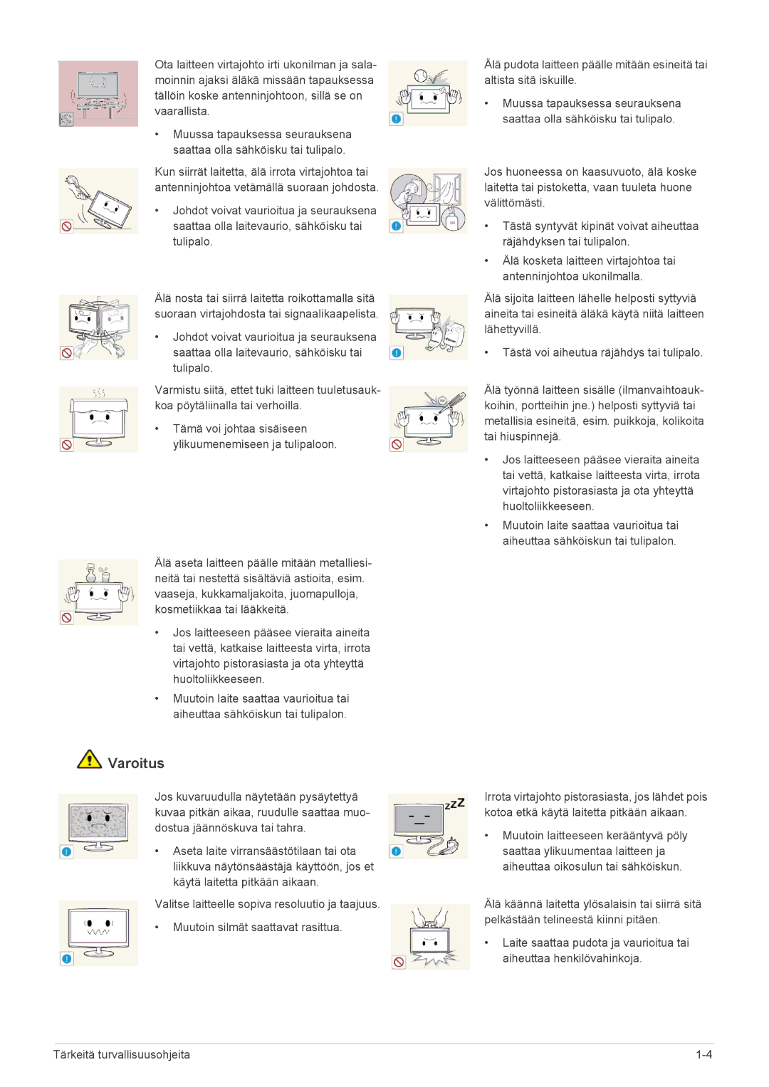 Samsung LS22A350HS/EN, LS24A350HS/EN, LS27A350HS/EN, LS23A350HS/EN Tämä voi johtaa sisäiseen ylikuumenemiseen ja tulipaloon 