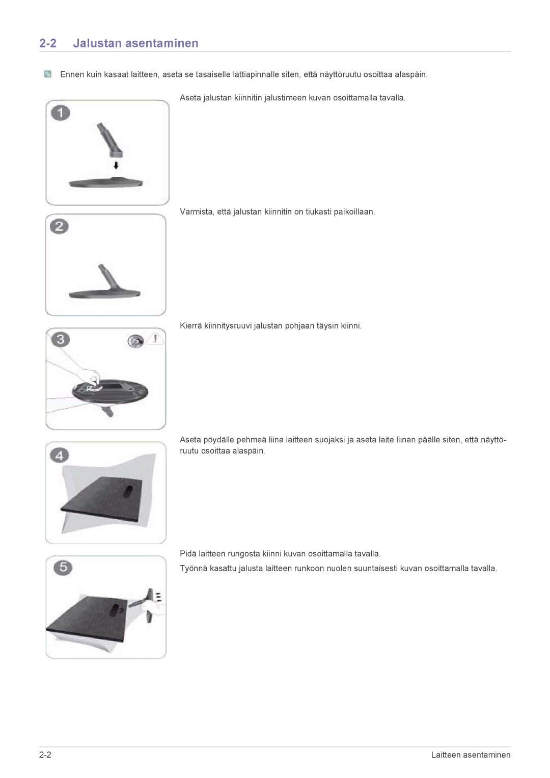 Samsung LS23A350HS/EN, LS24A350HS/EN, LS27A350HS/EN, LS22A350HS/EN manual Jalustan asentaminen 