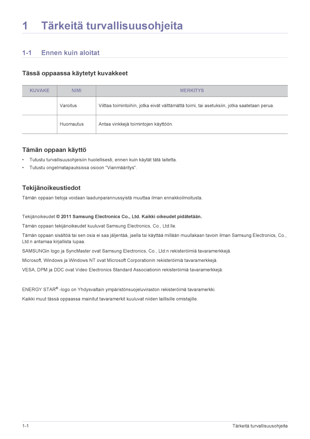 Samsung LS24A350HS/EN Ennen kuin aloitat, Tässä oppaassa käytetyt kuvakkeet, Tämän oppaan käyttö, Tekijänoikeustiedot 