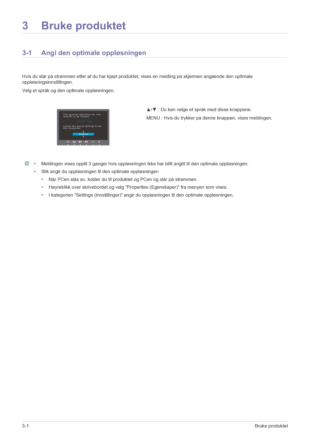 Samsung LS24A350HS/EN, LS27A350HS/EN, LS23A350HS/EN, LS22A350HS/EN manual Bruke produktet, Angi den optimale oppløsningen 