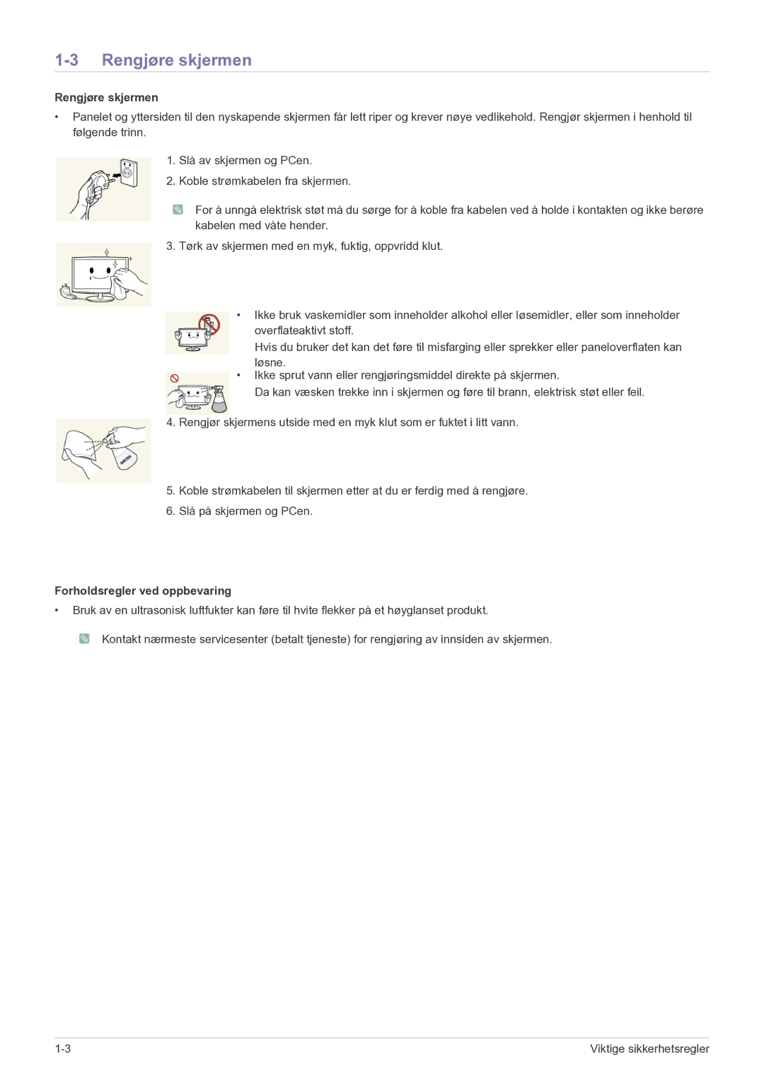 Samsung LS23A350HS/EN, LS24A350HS/EN, LS27A350HS/EN, LS22A350HS/EN manual Rengjøre skjermen, Forholdsregler ved oppbevaring 