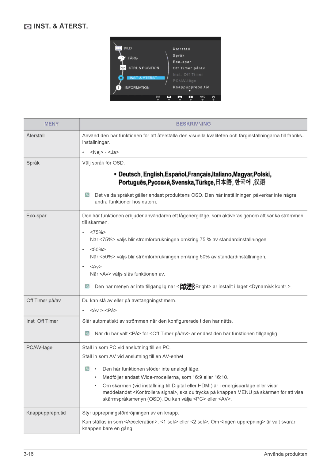 Samsung LS23A350HS/EN, LS24A350HS/EN, LS27A350HS/EN, LS22A350HS/EN manual INST. & Återst 