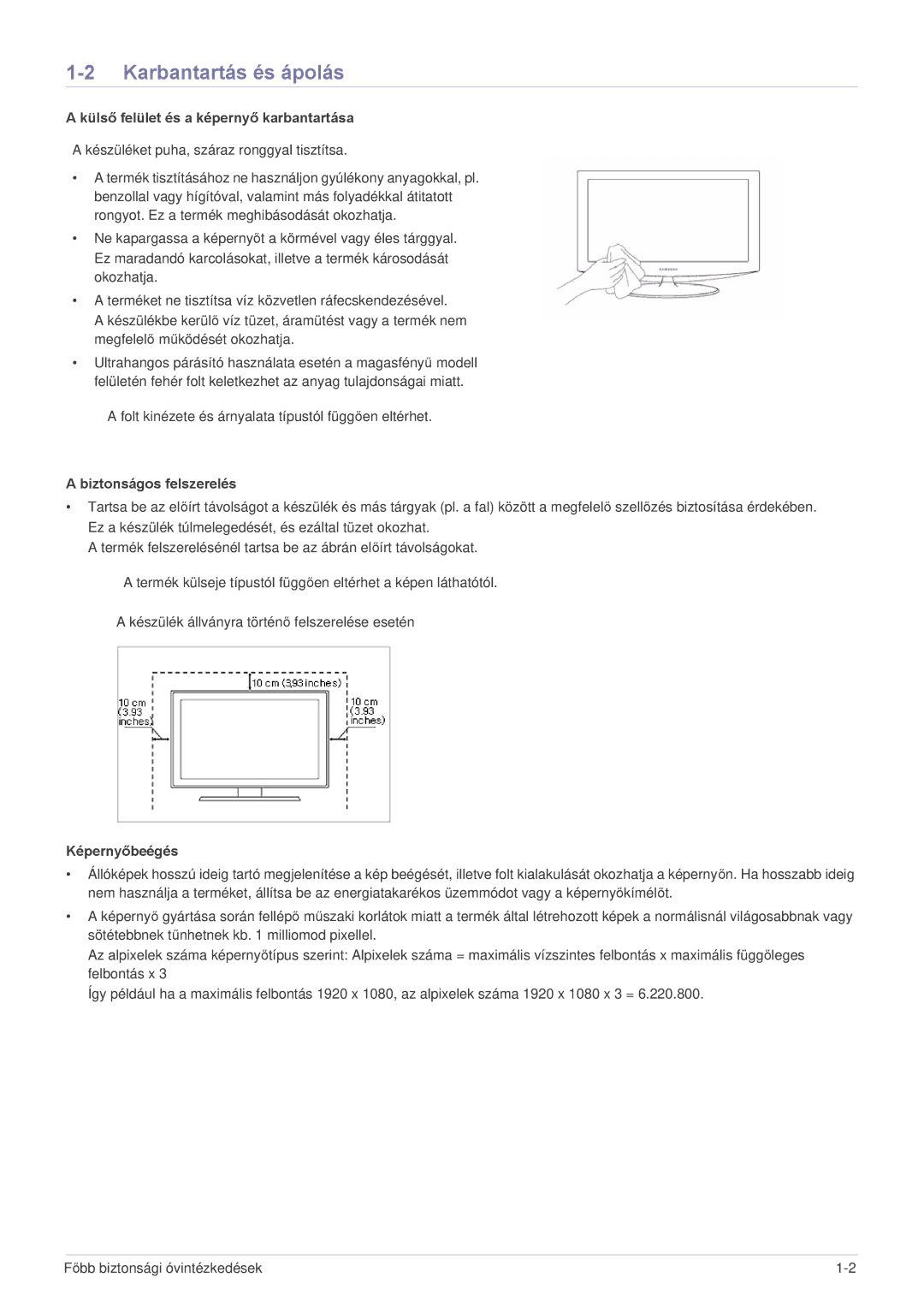 Samsung LS27A350HS/EN manual Karbantartás és ápolás, Külső felület és a képernyő karbantartása, Biztonságos felszerelés 