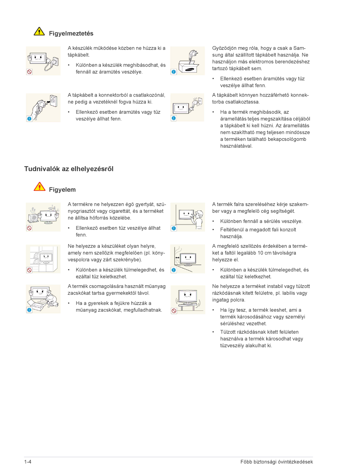 Samsung LS24A350HS/EN, LS27A350HS/EN, LS23A350HS/EN, LS22A350HS/EN manual Tudnivalók az elhelyezésről, Figyelmeztetés 