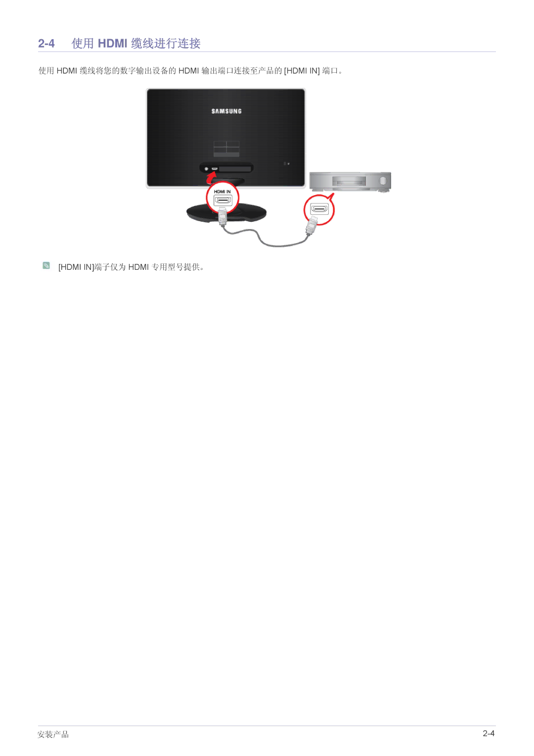 Samsung LS27A350HS/EN, LS24A350HS/EN, LS23A350HS/EN, LS22A350HS/EN manual 使用 Hdmi 缆线进行连接 