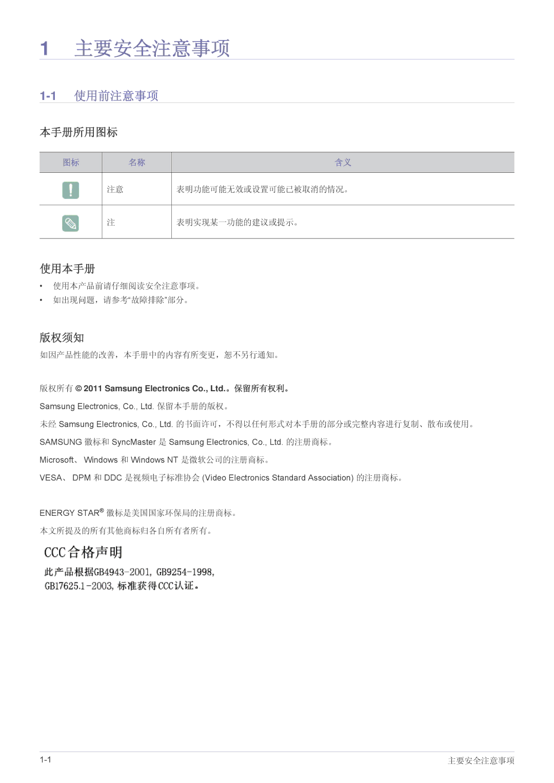 Samsung LS24A350HS/EN, LS27A350HS/EN, LS23A350HS/EN, LS22A350HS/EN manual 1使用前注意事项, 本手册所用图标, 使用本手册, 版权须知 