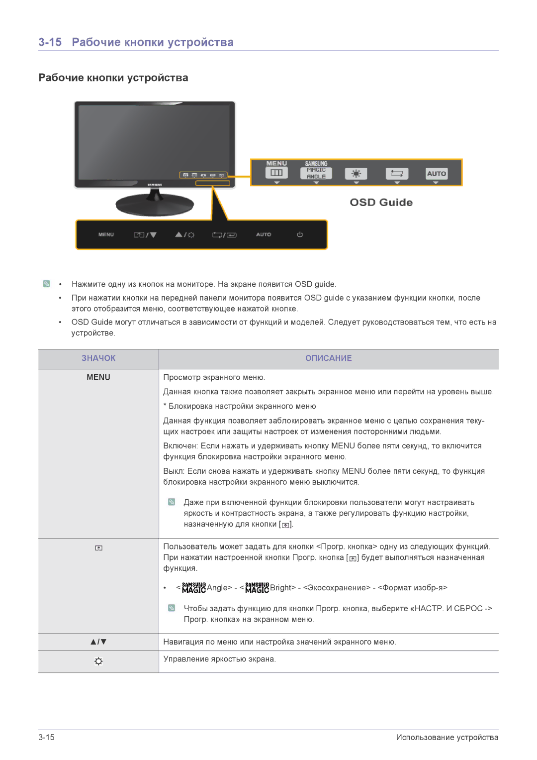 Samsung LS24A350HS/EN, LS27A350HS/EN, LS27A550HS/EN, LS23A350HS/EN manual 15 Рабочие кнопки устройства, Значок Описание 