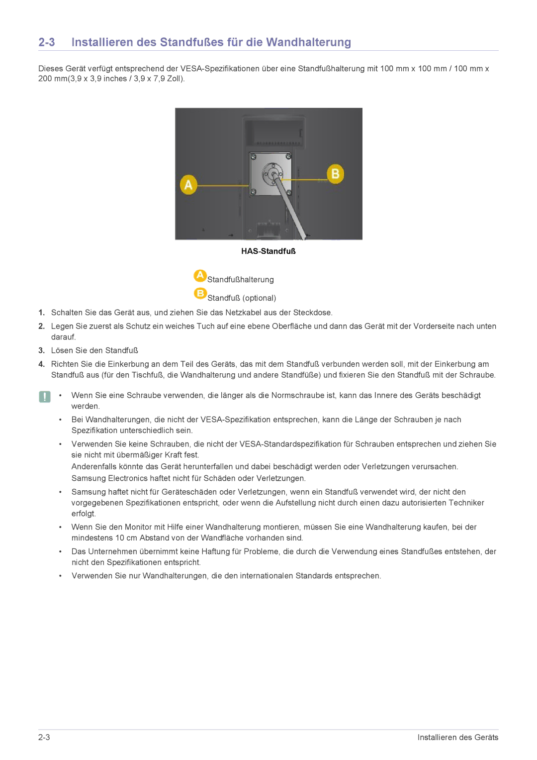 Samsung LS19A450BWT/EN, LS24A450BWT/EN, LS24A450MWG/EN manual Installieren des Standfußes für die Wandhalterung, HAS-Standfuß 