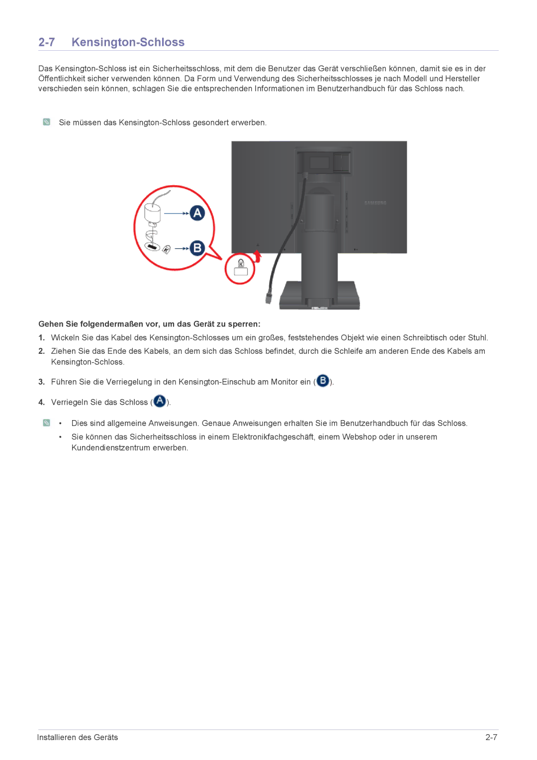 Samsung LS22A450BWT/EN, LS24A450BWT/EN manual Kensington-Schloss, Gehen Sie folgendermaßen vor, um das Gerät zu sperren 