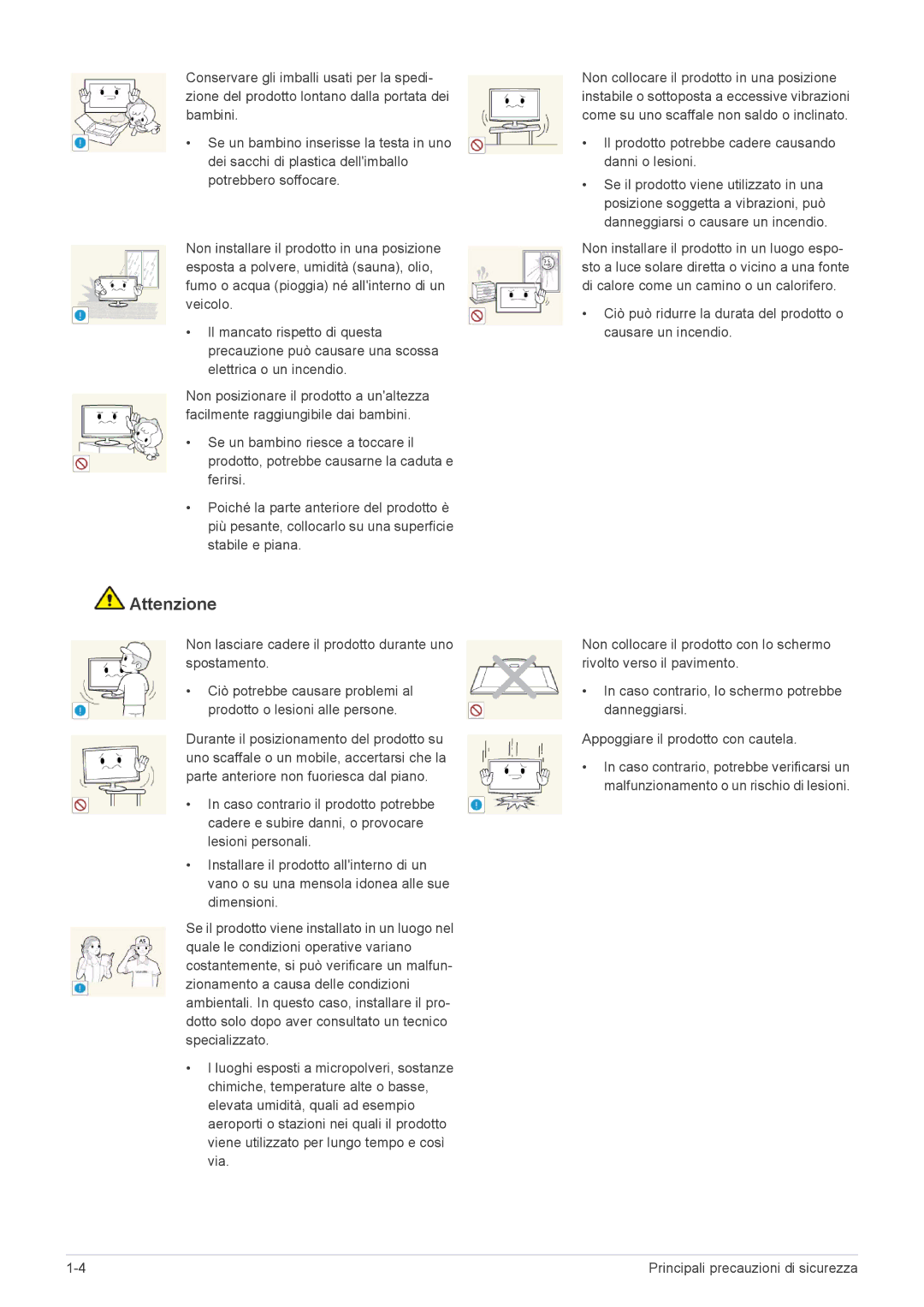 Samsung LS19A450BWG/EN, LS24A450BWT/EN, LS24A450MWR/EN manual Non lasciare cadere il prodotto durante uno spostamento 