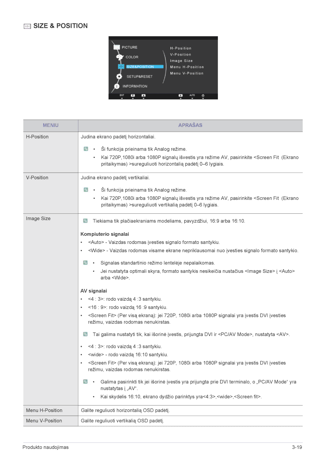 Samsung LS22A450BWU/EN, LS24A450BWT/EN manual Position Judina ekrano padėtį horizontaliai, Kompiuterio signalai, AV signalai 