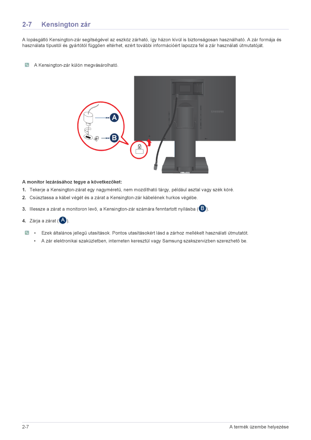 Samsung LS24A450MWU/EN, LS24A450BWT/EN, LS24A450MWT/EN manual Kensington zár, Monitor lezárásához tegye a következőket 