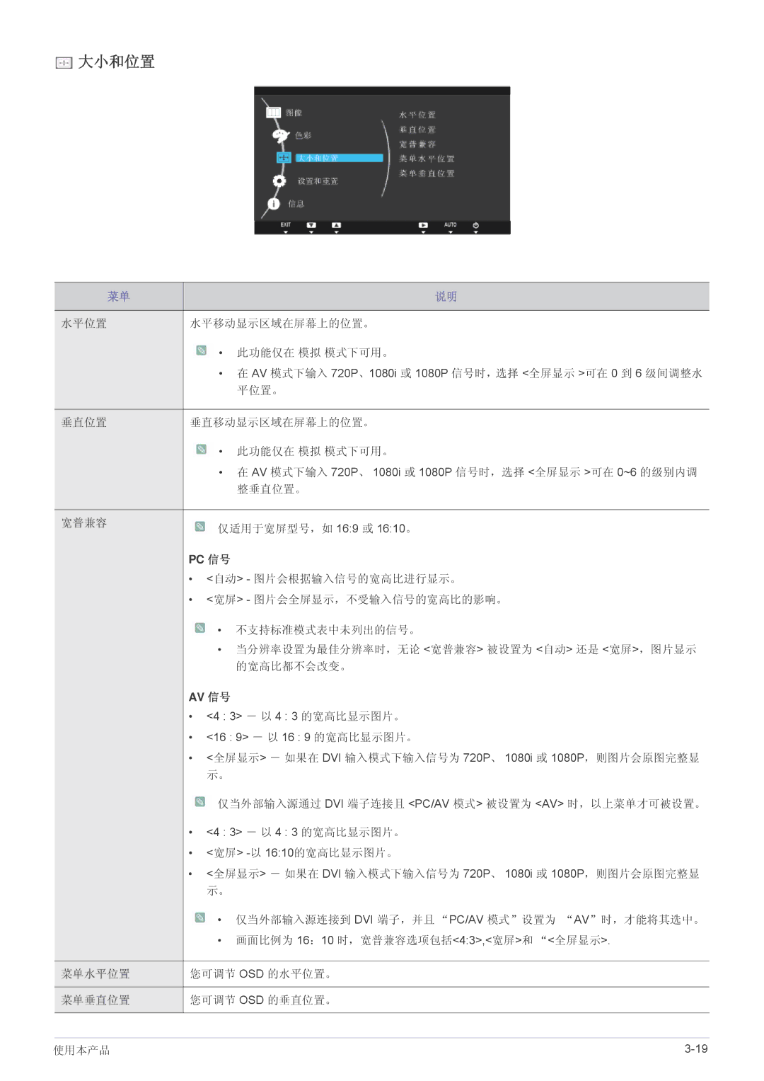 Samsung LS24A450MWT/EN, LS24A450BWT/EN, LS24A450BWG/EN, LS22A450BW/EN, LS22A450MWR/EN manual 大小和位置, 水平位置 水平移动显示区域在屏幕上的位置。 