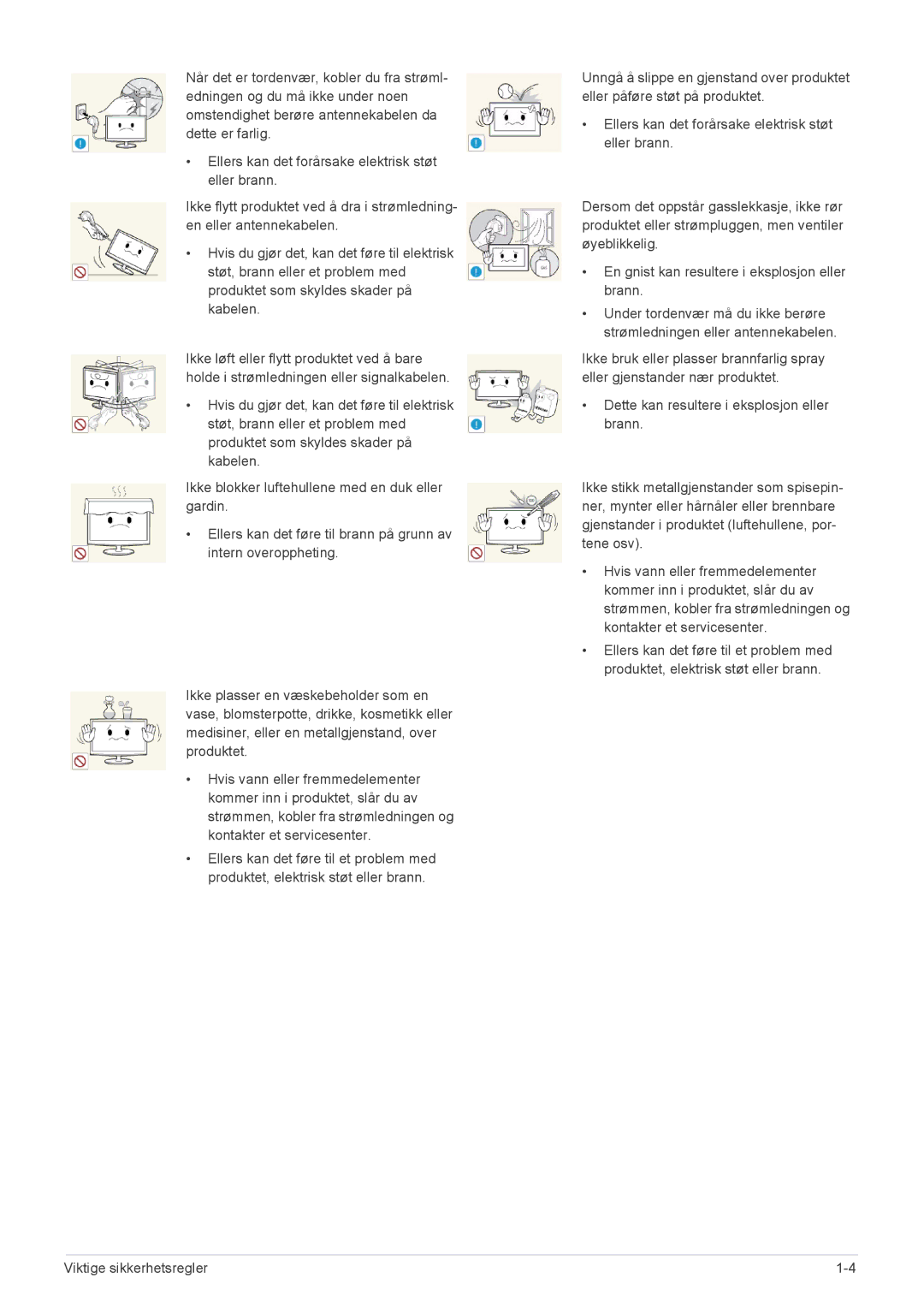 Samsung LS19A450BRT/EN, LS24A450MWG/EN, LS24A450BWG/EN, LS22A450BWG/EN, LS24A450MWR/EN manual Viktige sikkerhetsregler 