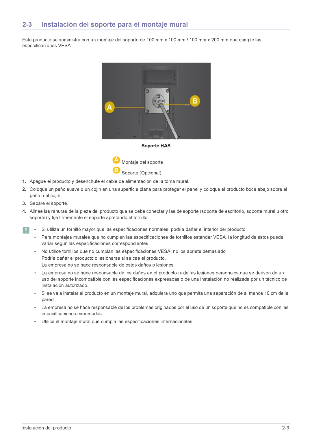 Samsung LS22A450BWG/EN, LS24A450MWT/EN, LS24A450BWG/EN manual Instalación del soporte para el montaje mural, Soporte has 