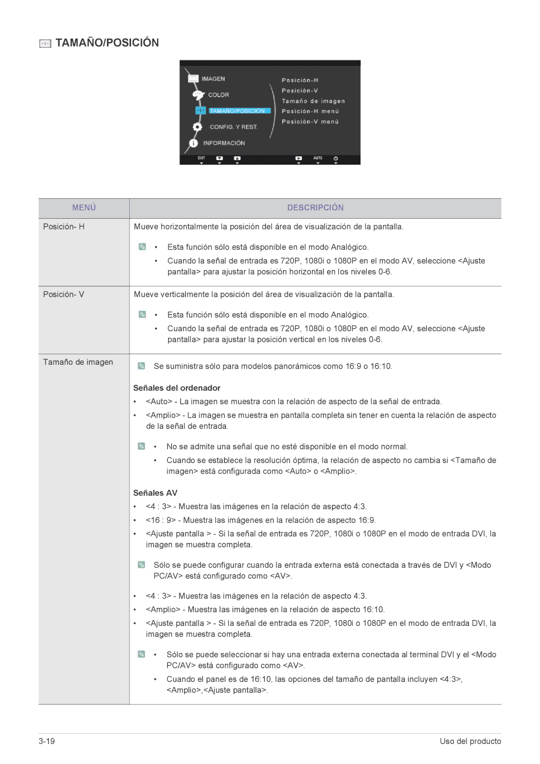 Samsung LS24A450BWG/EN, LS24A450MWT/EN, LS22A450BWG/EN, LS19A450MWT/EN, LS24A450MWU/EN, LS22A450MWT/EN manual Tamaño/Posición 