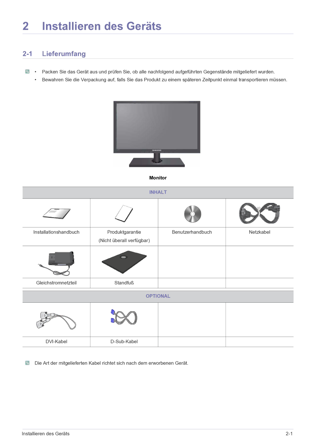 Samsung LS24A460BSU/EN manual Installieren des Geräts, Lieferumfang, Inhalt, Optional 