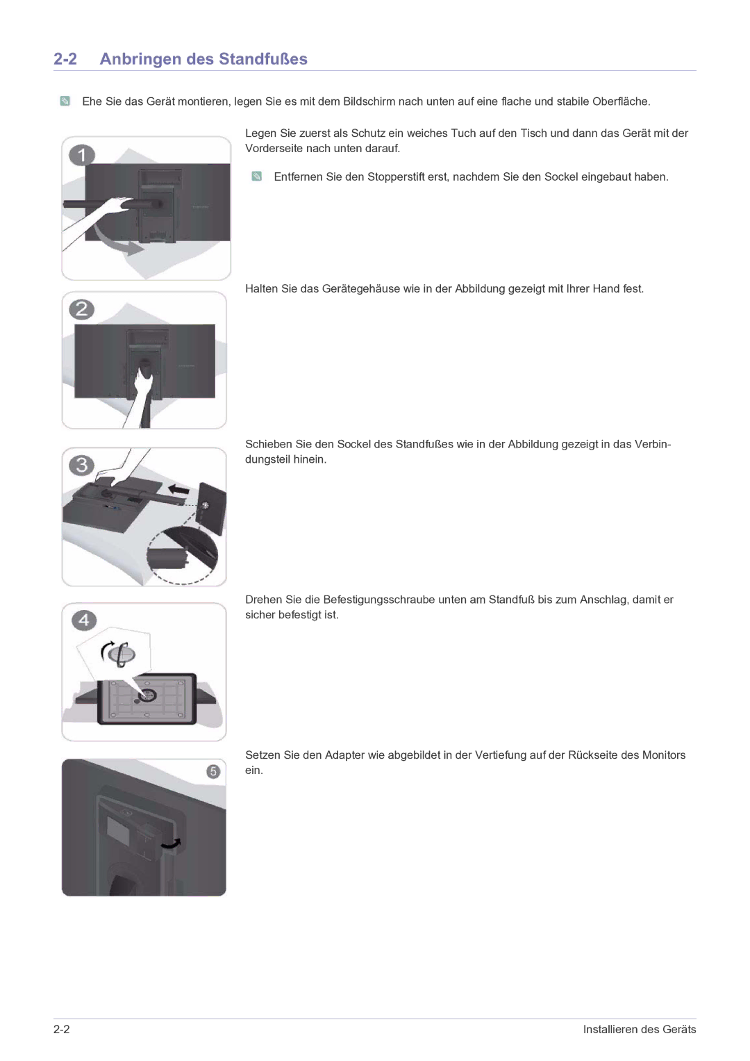 Samsung LS24A460BSU/EN manual Anbringen des Standfußes 