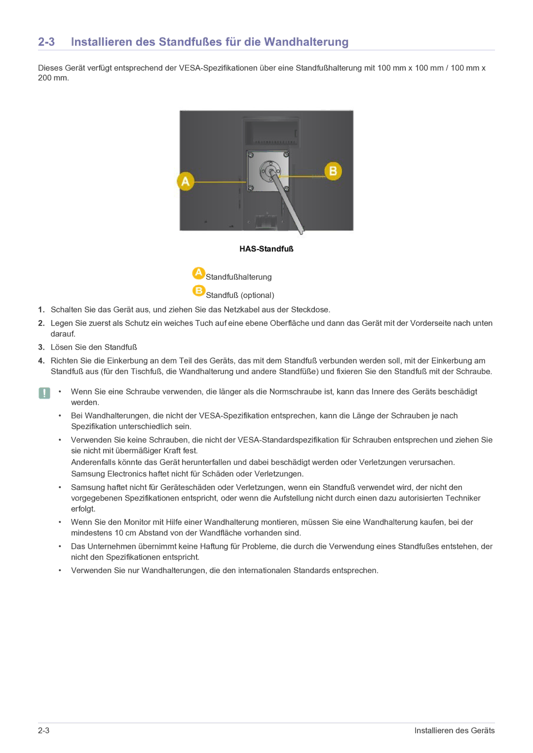 Samsung LS24A460BSU/EN manual Installieren des Standfußes für die Wandhalterung, HAS-Standfuß 