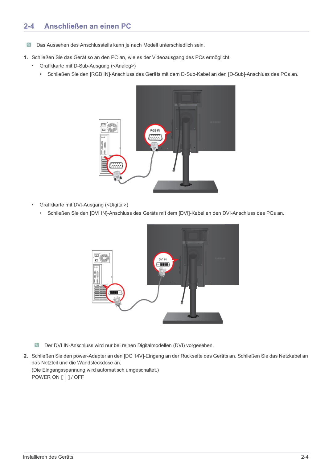 Samsung LS24A460BSU/EN manual Anschließen an einen PC 